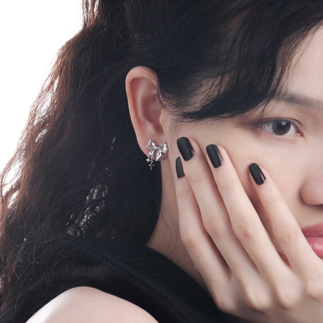 Süße Mädchen S925 Silber glänzende Zirkon Bogen Stud Ohrring