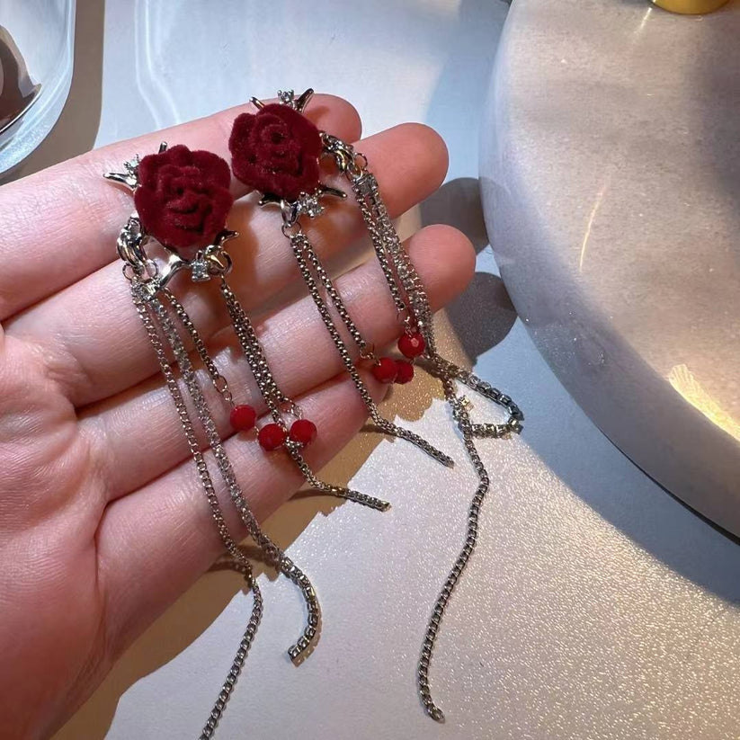 Boucle d'oreille manchette lustre à pampilles rose noire Y2K Sweet pour femme