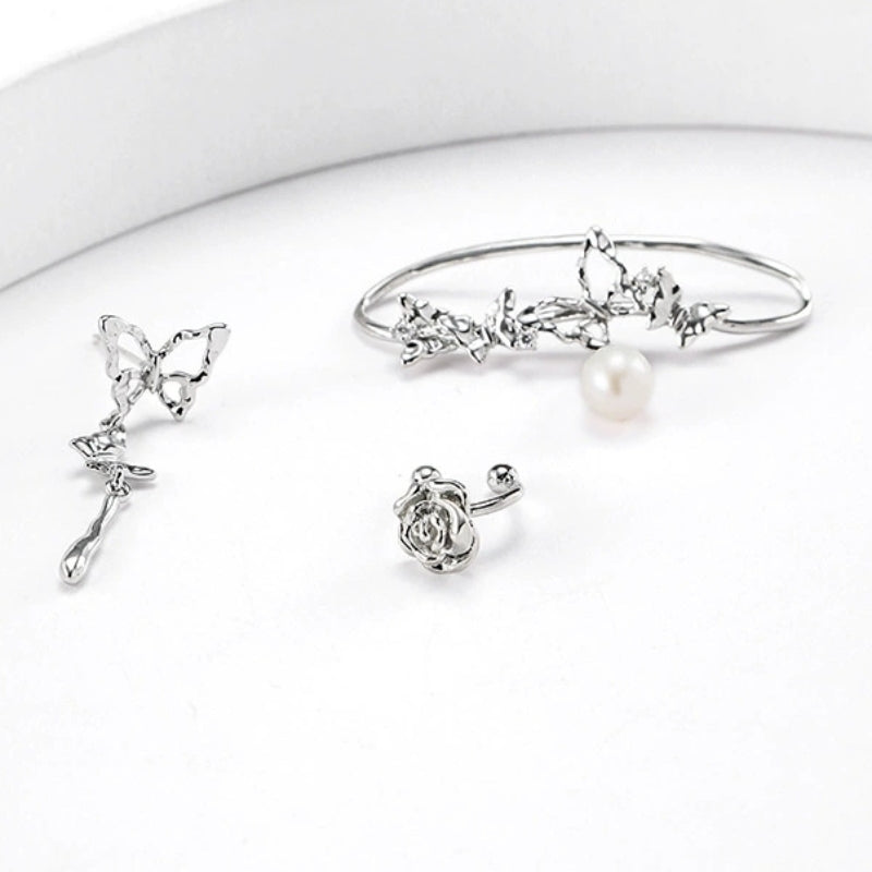 Hübsches Mädchen Designer Weiß Schmetterling Rose Perle Ohr Manschette & Ohrstecker