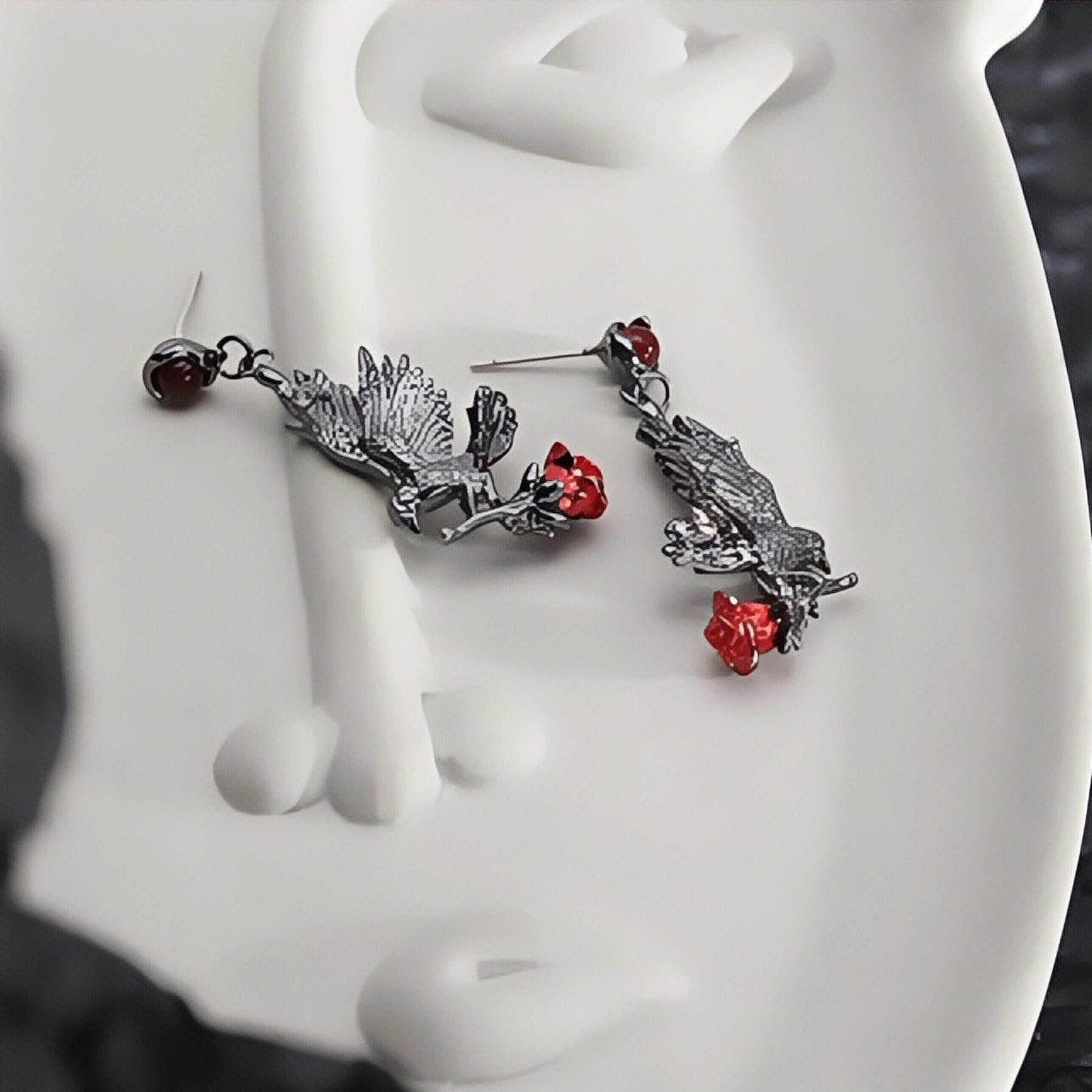 Dark Gothic Raven Rose Stud Earrings