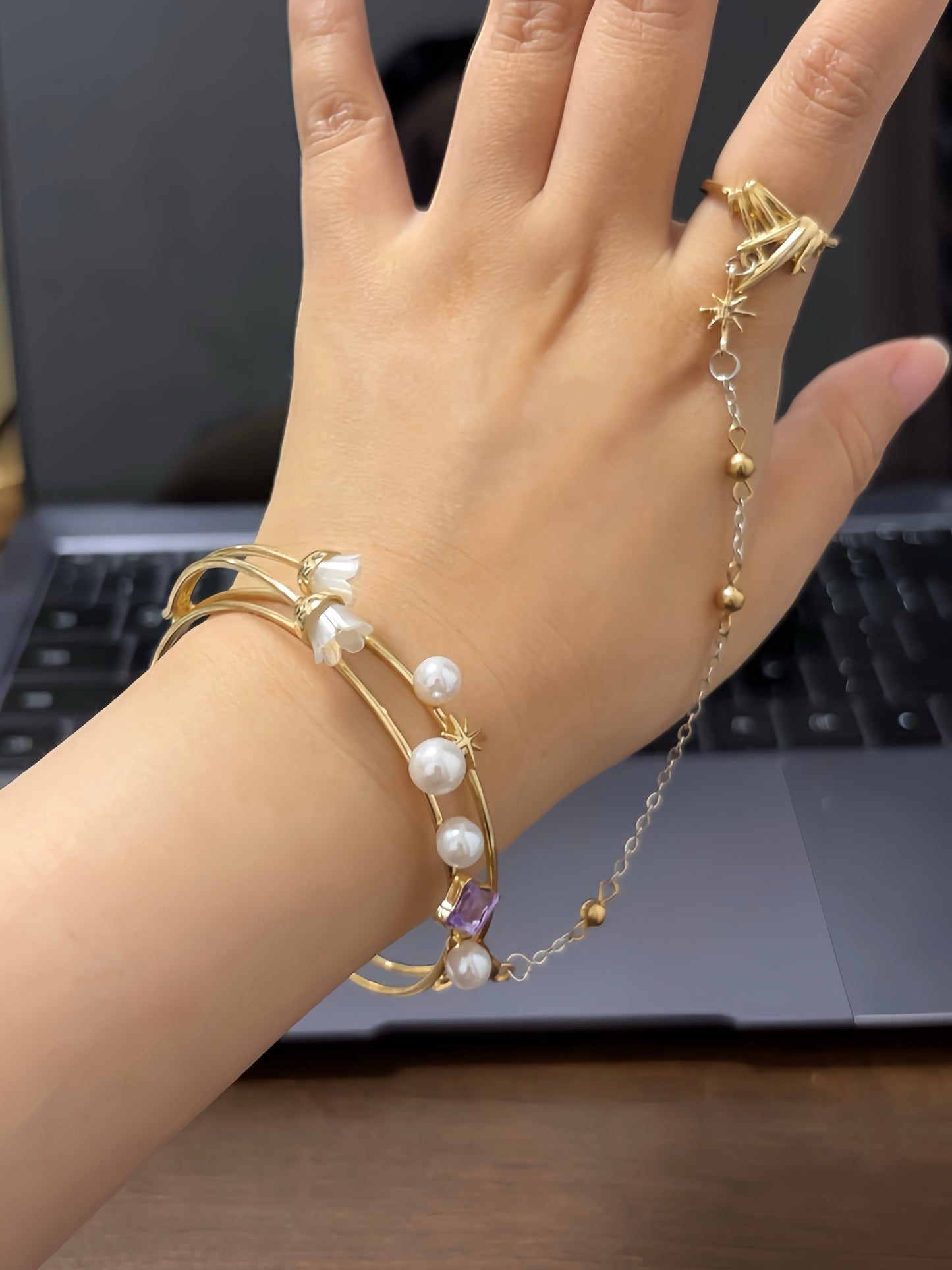 Robin Inspired Bellflower Bracelet and Ring One Piece