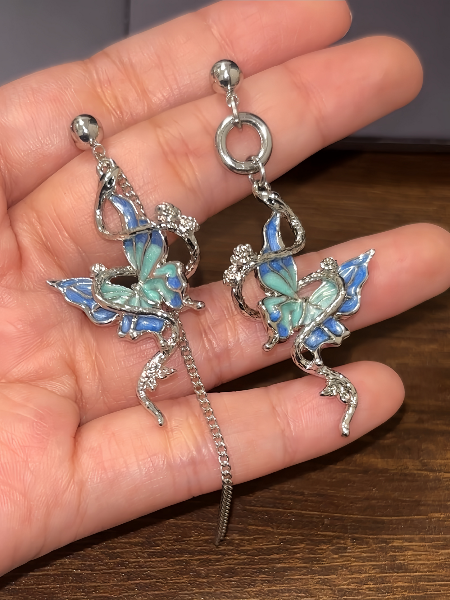 Y2K Blue Butterfly Snake Asymmetrical Stud Earrings