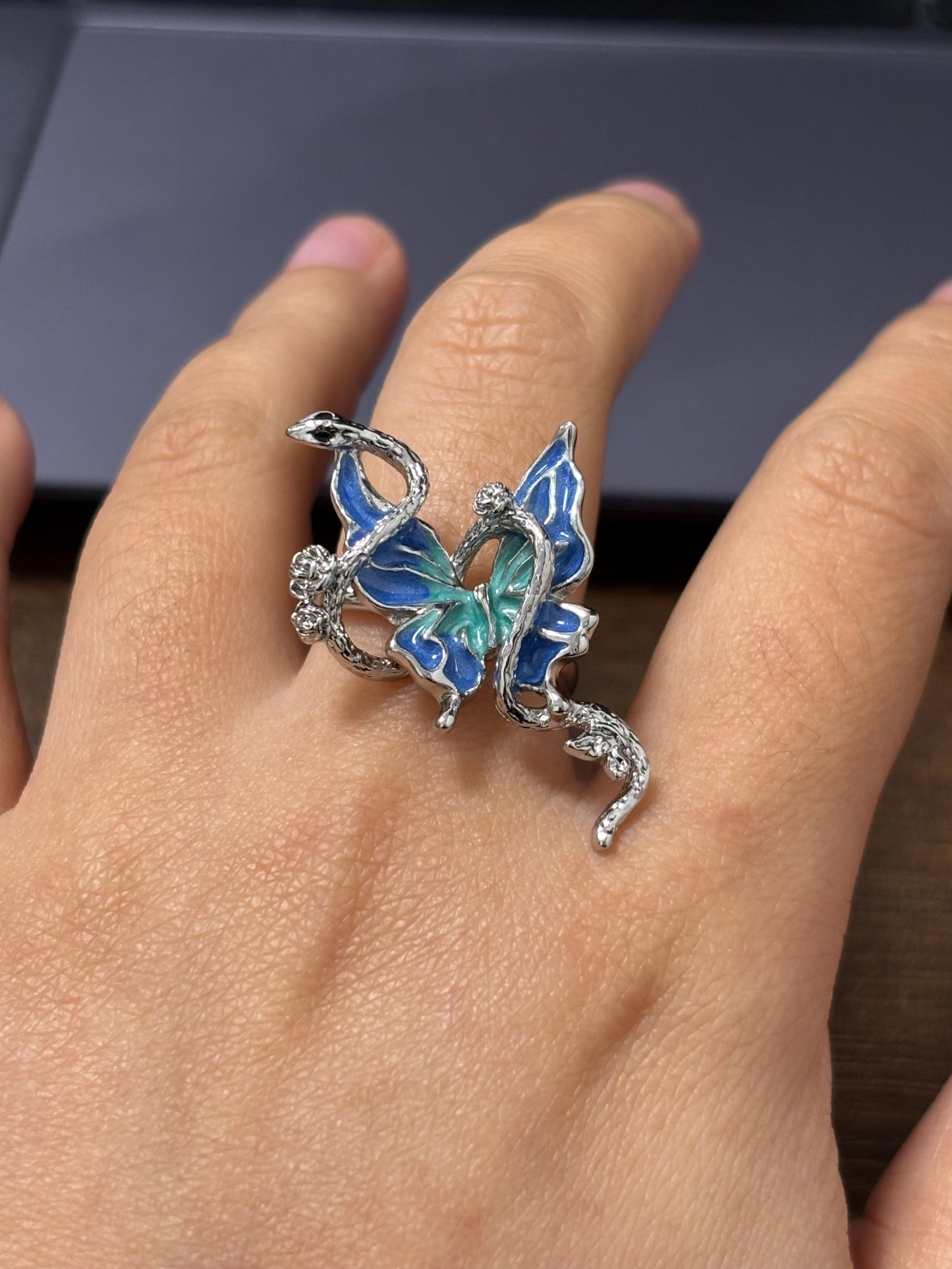 Y2K Designer Blue Snake & Butterfly Adjustable Ring