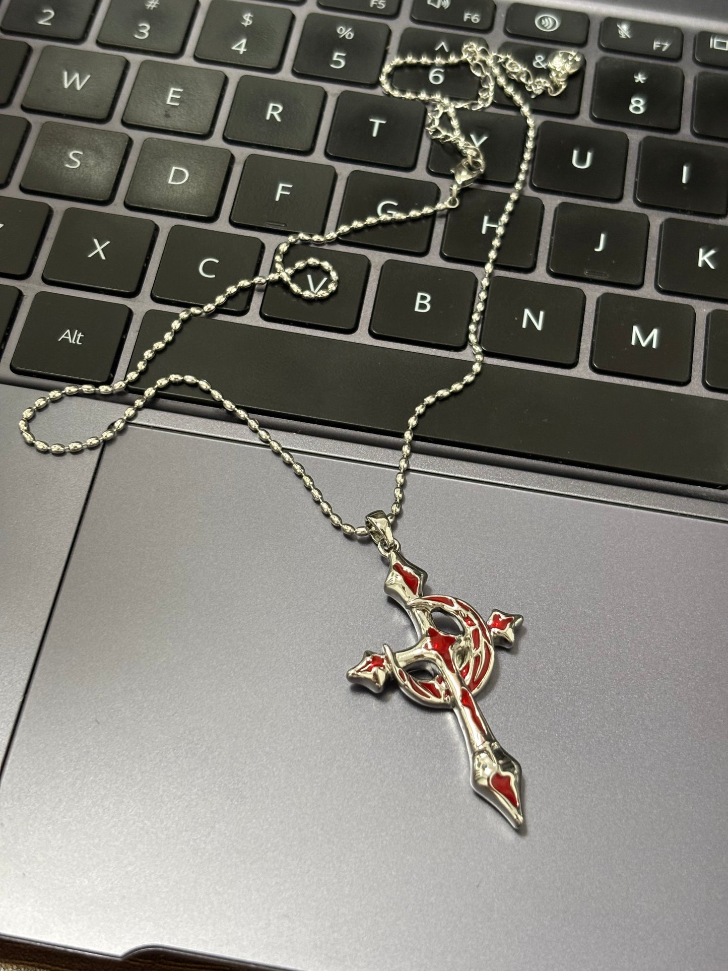 Goth Blood Red Moon & Cross Necklace for Arlecchino Genshin