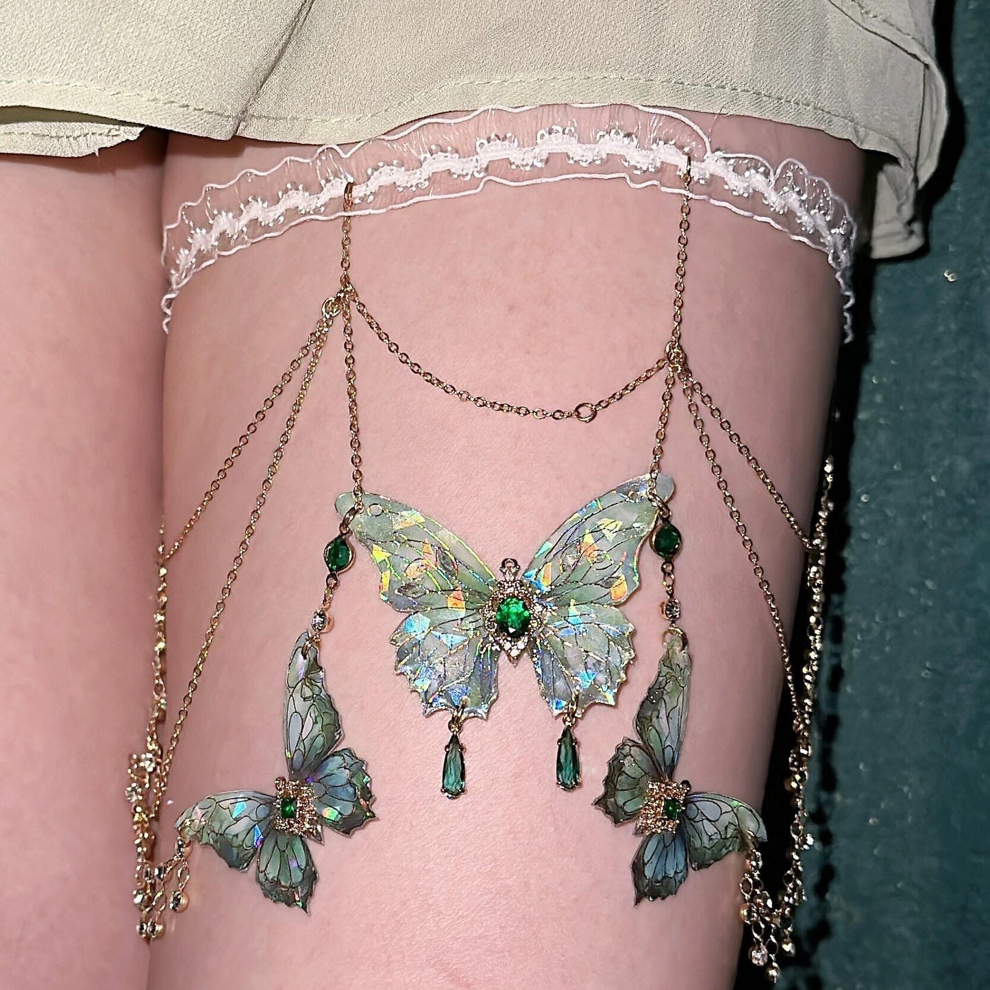 Chaîne de jambe papillon verte faite à la main pour femme