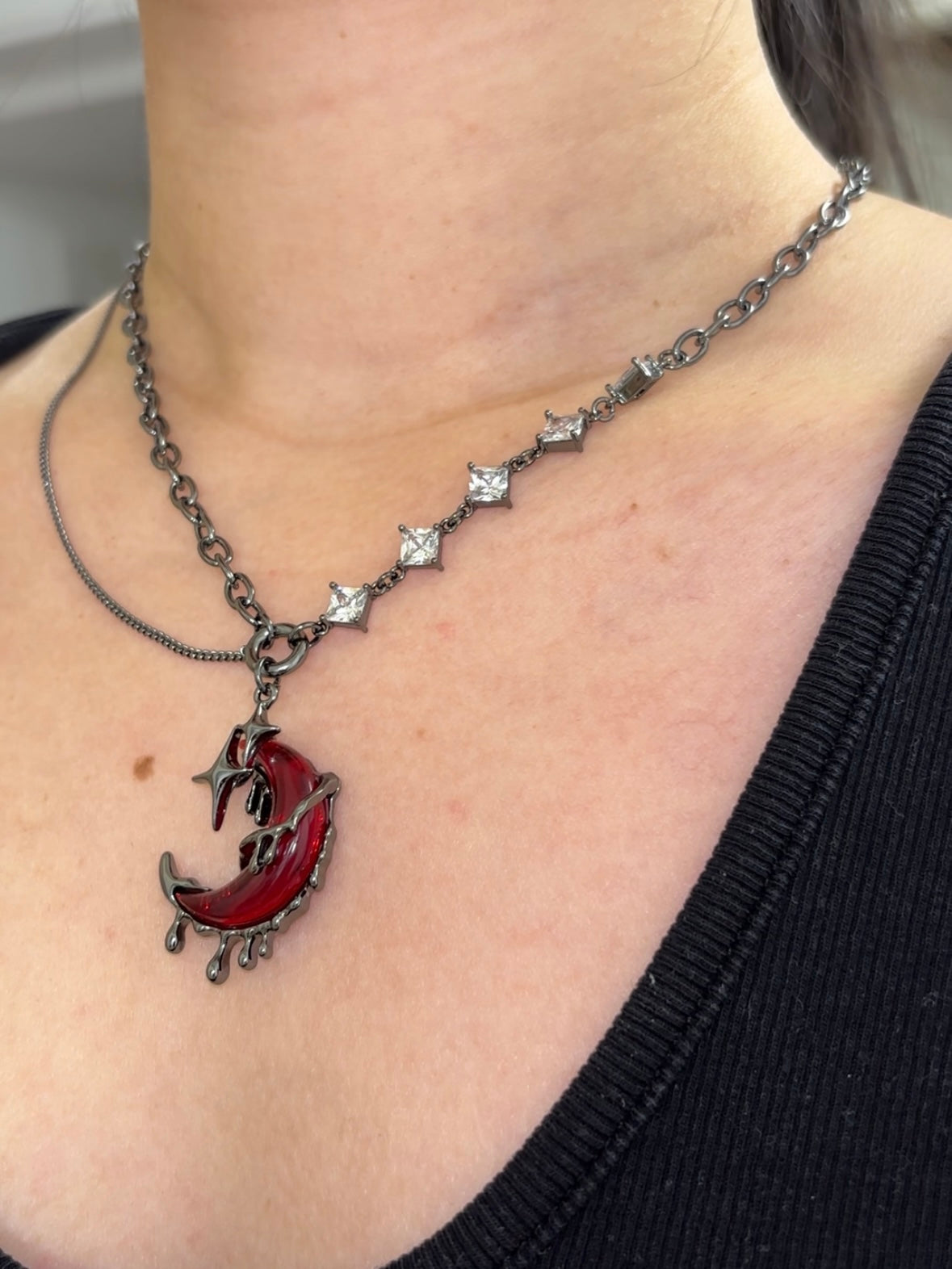 Goth Blood Moon Shining Star Rhinestone Necklace