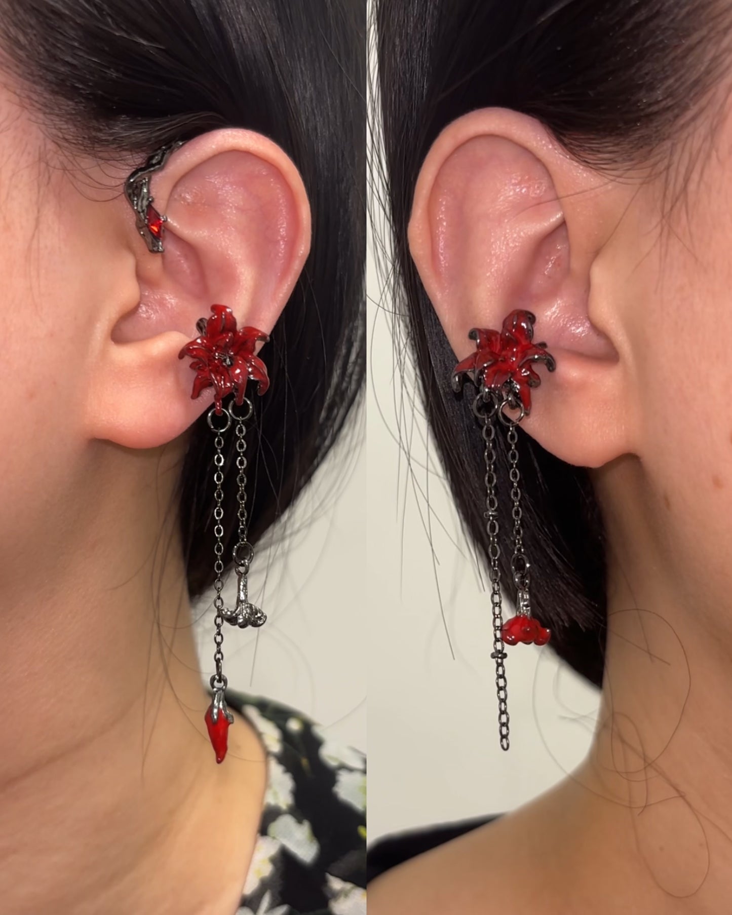 Asymmetric Dark Gothic Red Spider Lily Ear Cuff for Blade