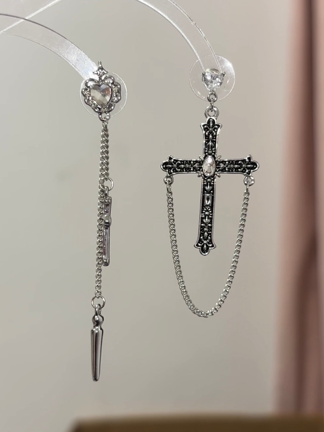 Y2K Gothic Punk Cross Rhinestone Asymmetrical Earrings