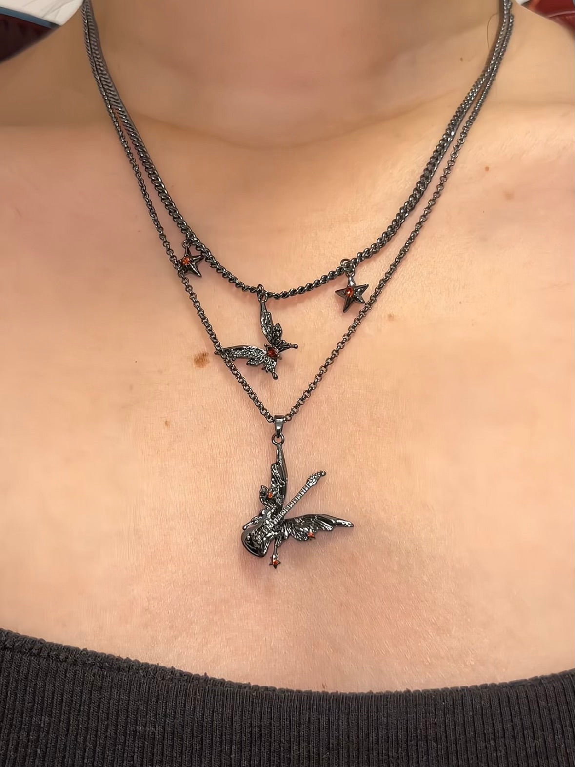 Goth Black Butterfly Guitar Double Layers Necklace