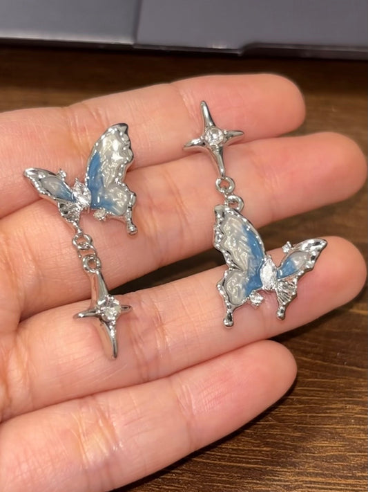 Blue Butterfly Star Asymmetrical Stud Earrings for Yelan