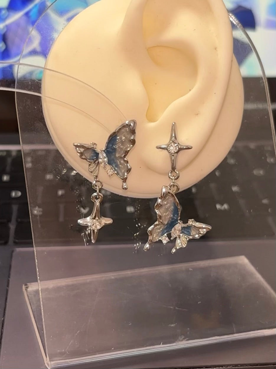 Blue Butterfly Star Asymmetrical Stud Earrings for Yelan