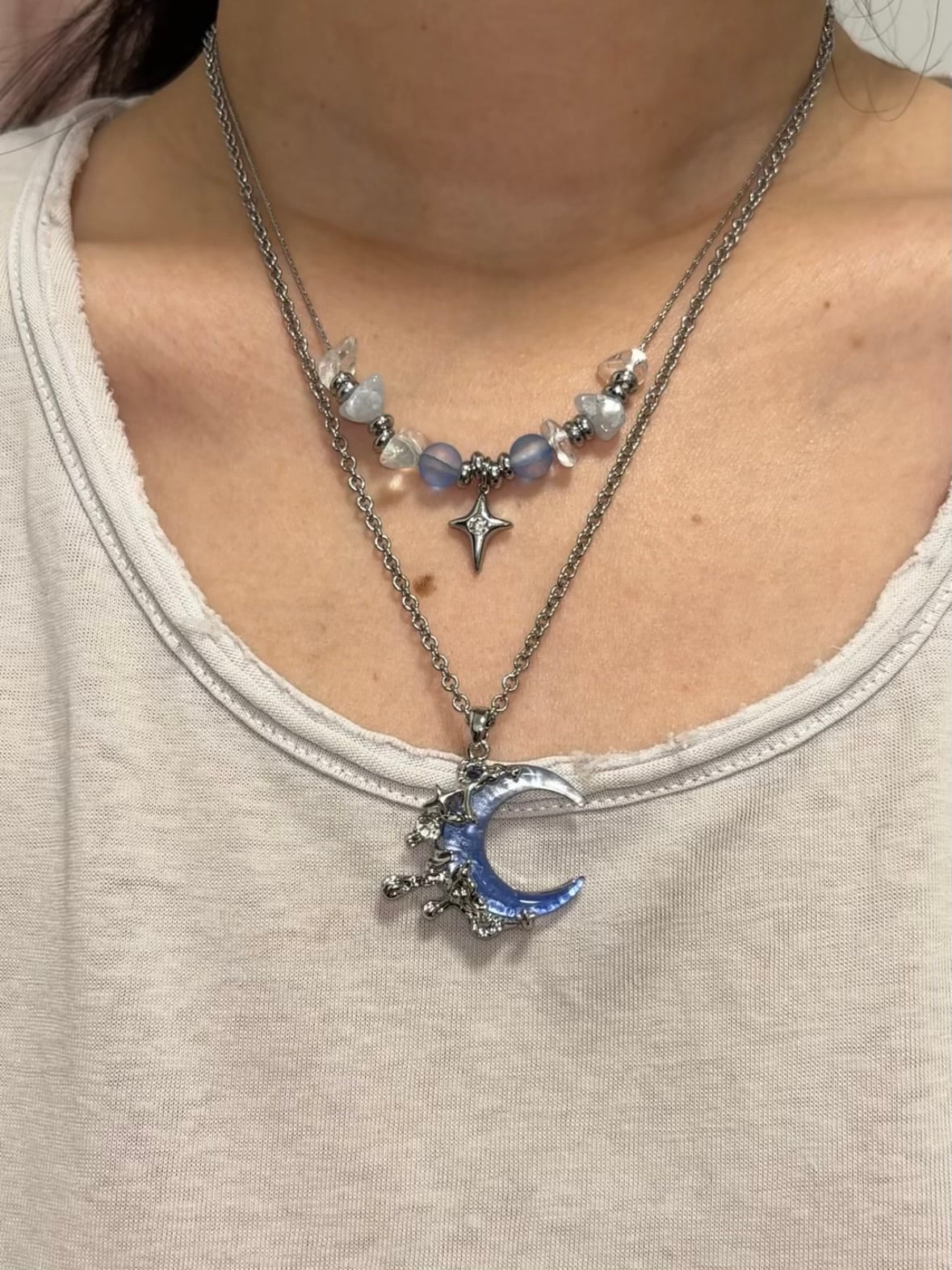 Y2K Blue Moon & Star Double Layer Necklace