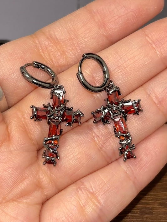 Goth Red Thorn Cross Hoop Earrings
