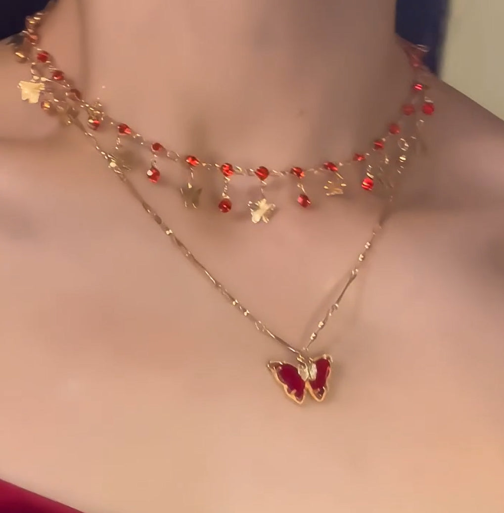 Y2K Mädchen Roter Schmetterling Doppellagige Kette Halskette & Armband