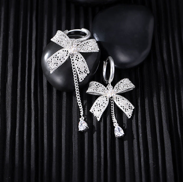 Asymmetrical Lace Bow Hoop Earrings
