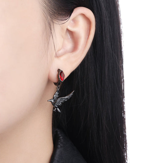 Goth Black Raven Hoop Earrings