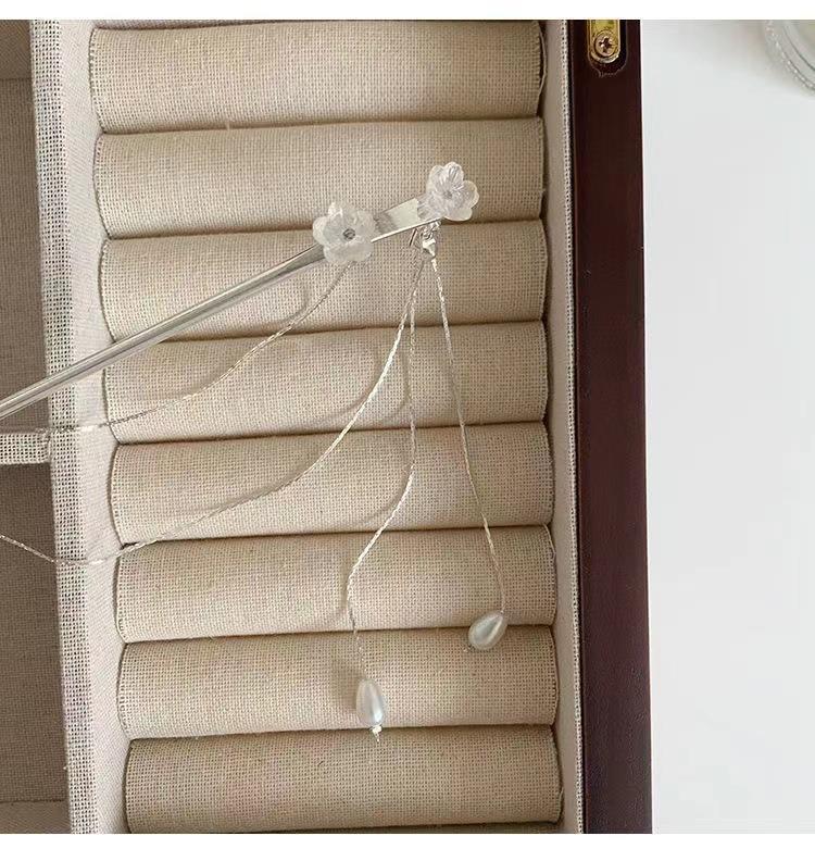 Women Designer Double Silver Flower Pearl Tassel Hairpin