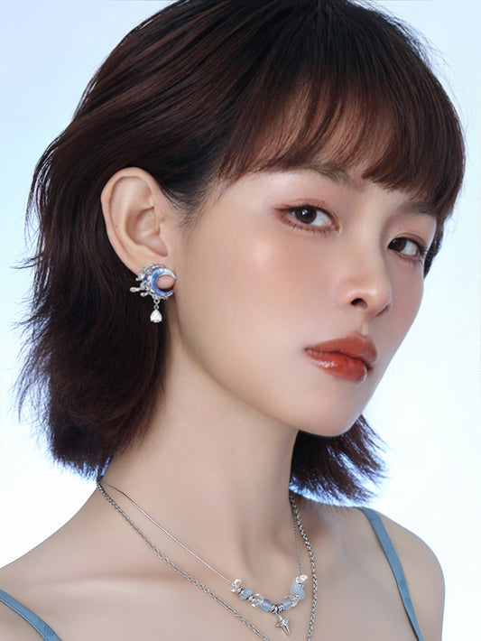 Y2K Blue Moon Rhinestone Stud Earrings For Columbina