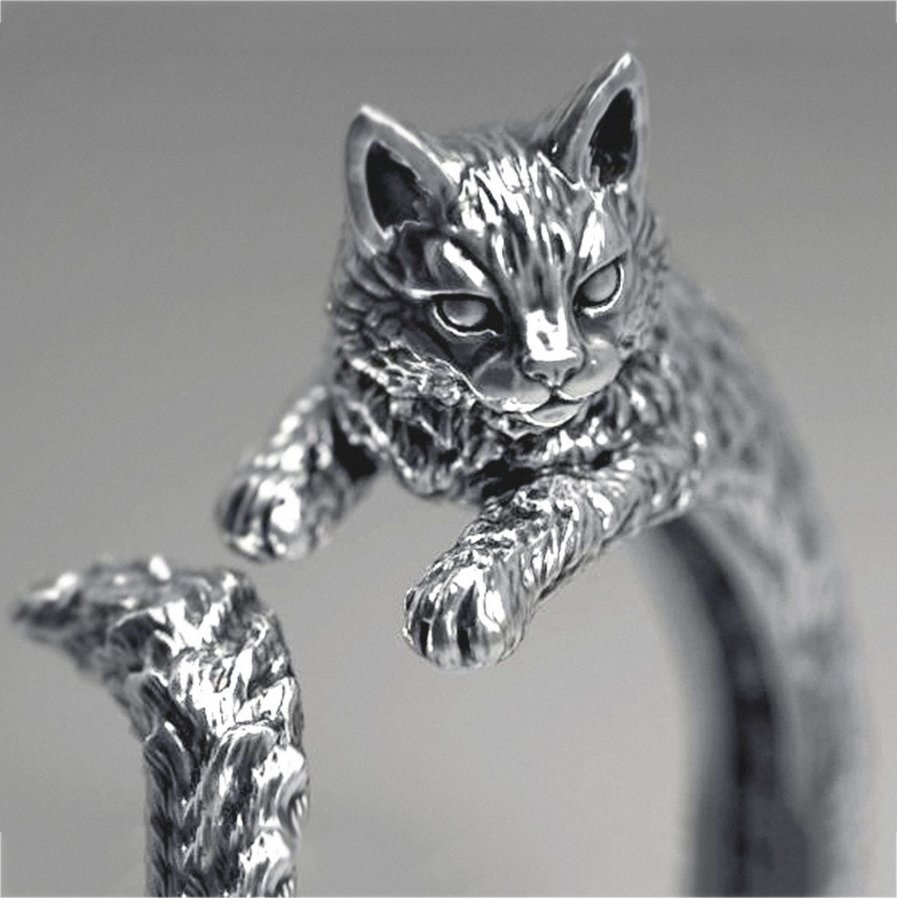 Bague unisexe ouverte rétro chat argentée mignonne