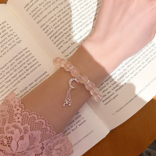 Sweet Pink Crystal Moon Fringe Beaded Bracelet