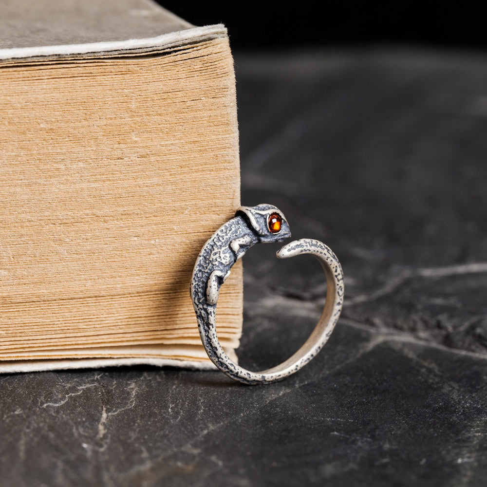 Vintage Unisex S925 Silber Eidechse Rotes Auge Offener Ring