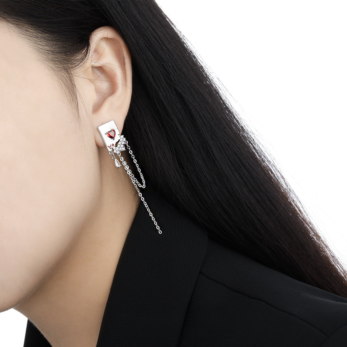 Ace of Red Hearts Tassel Stud Earrings