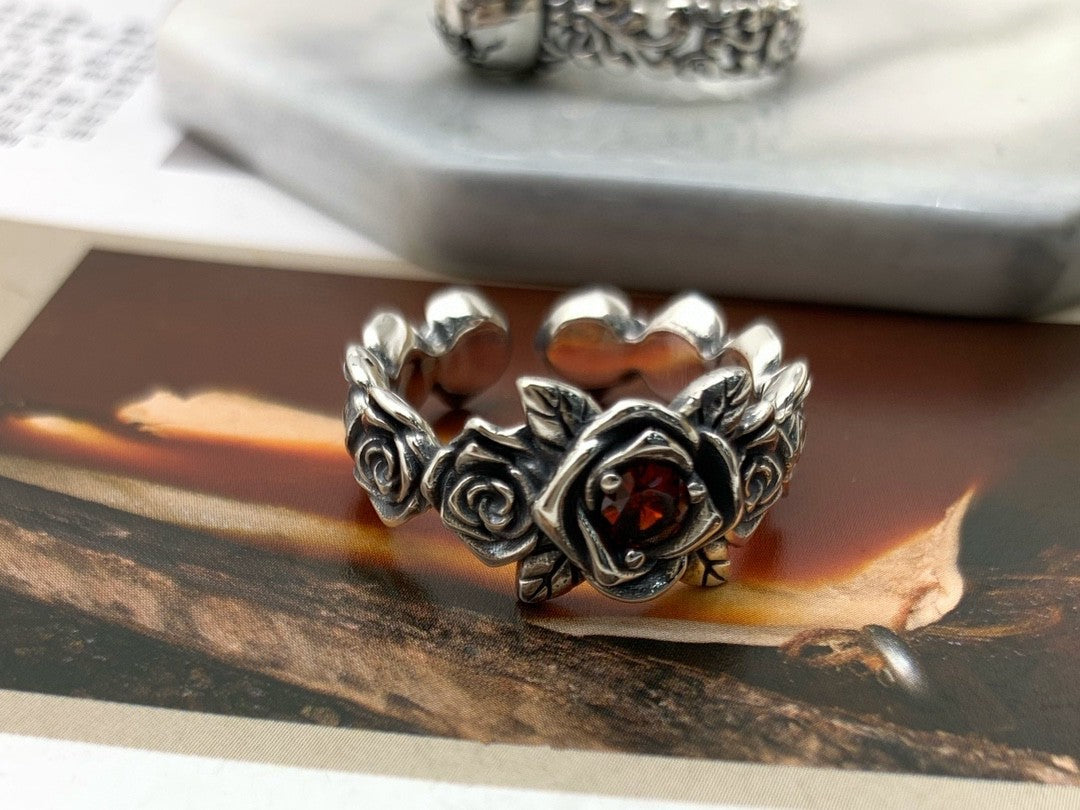 S925 Silber Vintage Rote Rose Ring