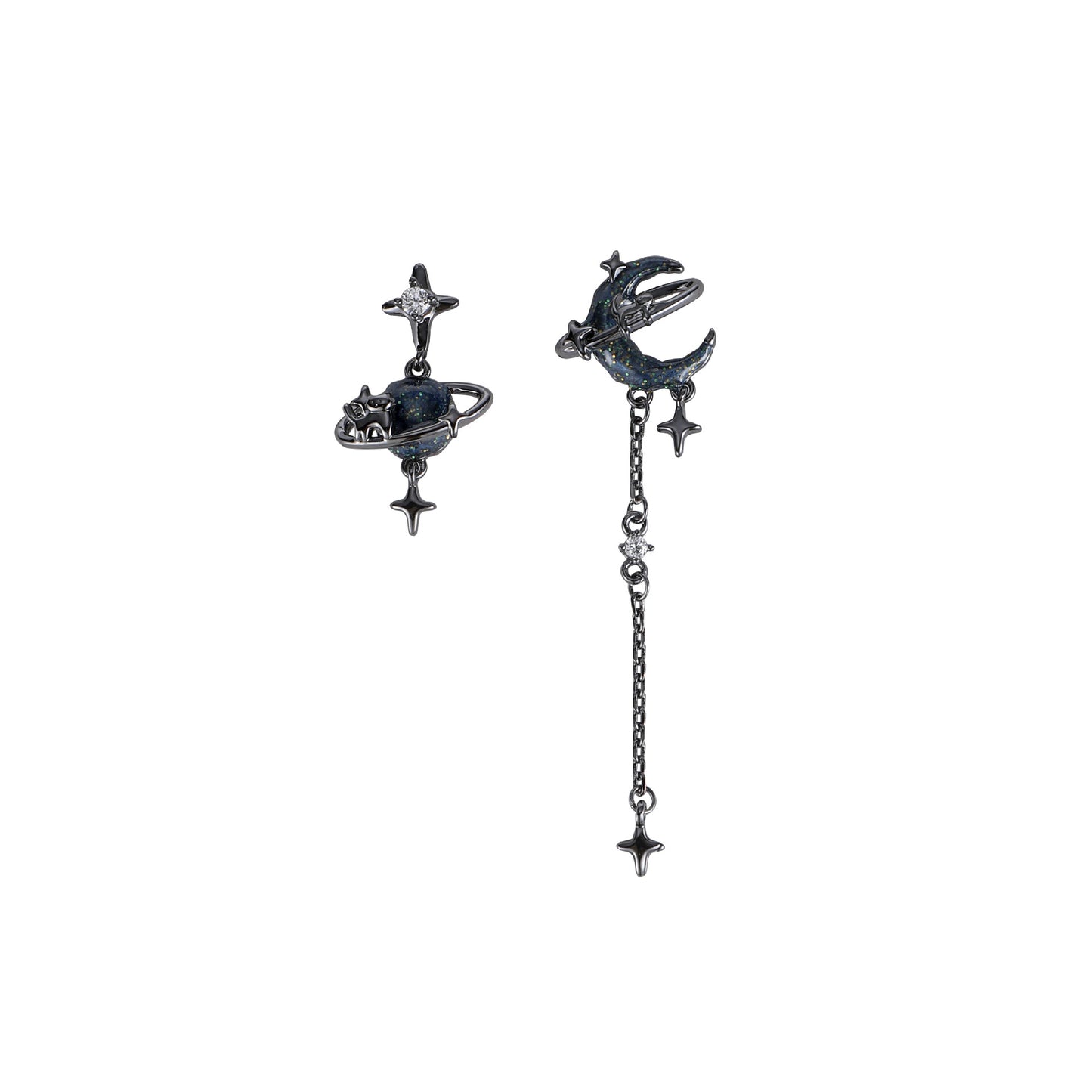Goth Dark Sweet & Cool Star & Moon Asymmetric Stud Earrings