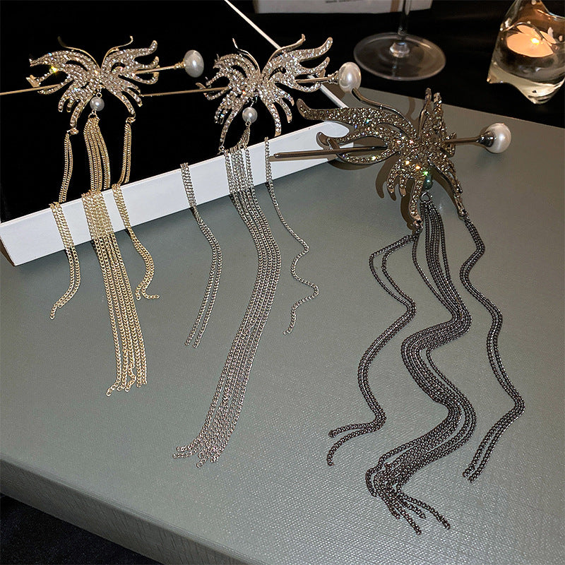 Designer Rhinestone Shining Butterfly Tassel Hairpin