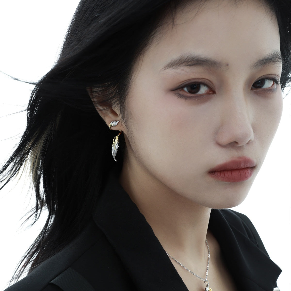 S925 Silber Schwarz Engel Flügel Feder Designer Ohrstecker