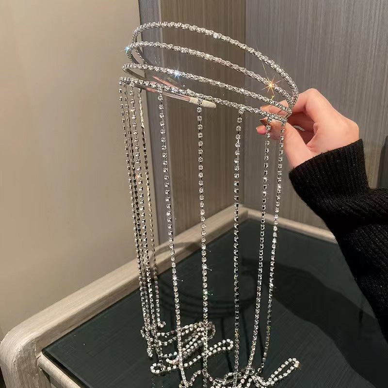 Serre-tête long à pampilles en strass brillants pour femmes