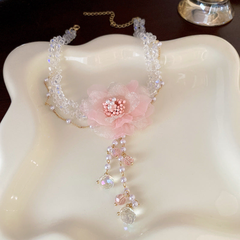 Süße rosa Blume Kristall Quaste Ohrring & Choker Halskette