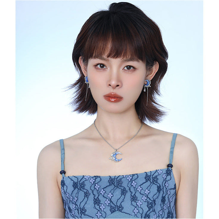 Y2K Blue Moon Rhinestone Tassel Earrings