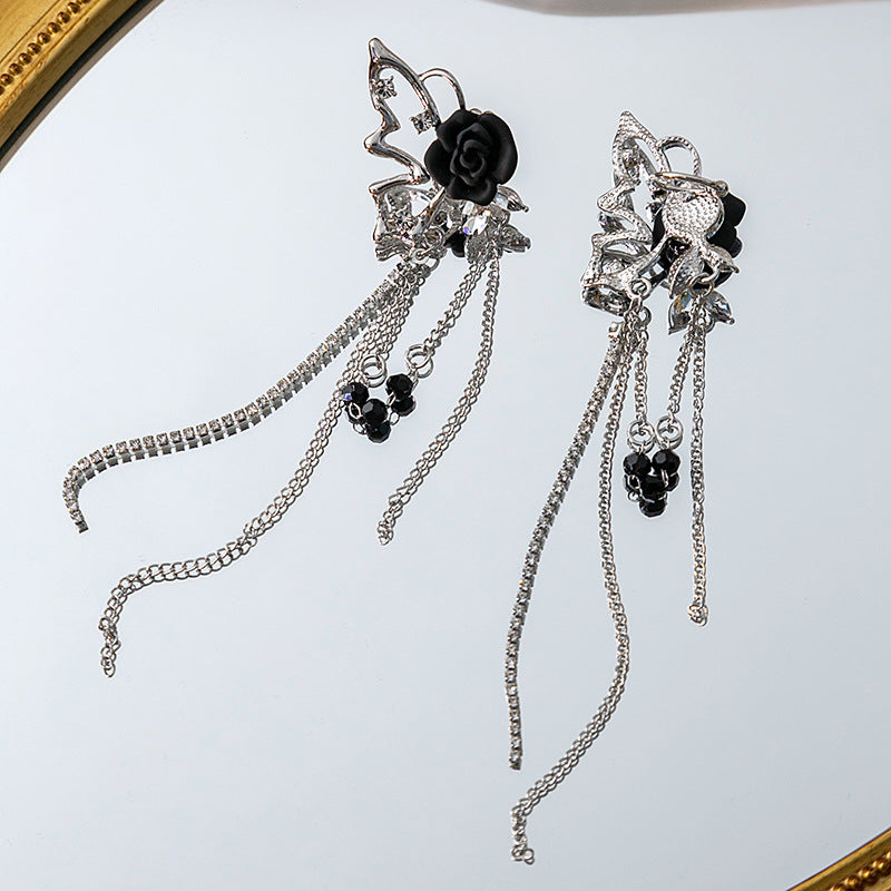 Gothic Butterfly Black Rose Tassel Ear Cuff