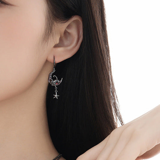 Y2K Goth Black Cat & Red Moon Asymmetrical Hook Earrings