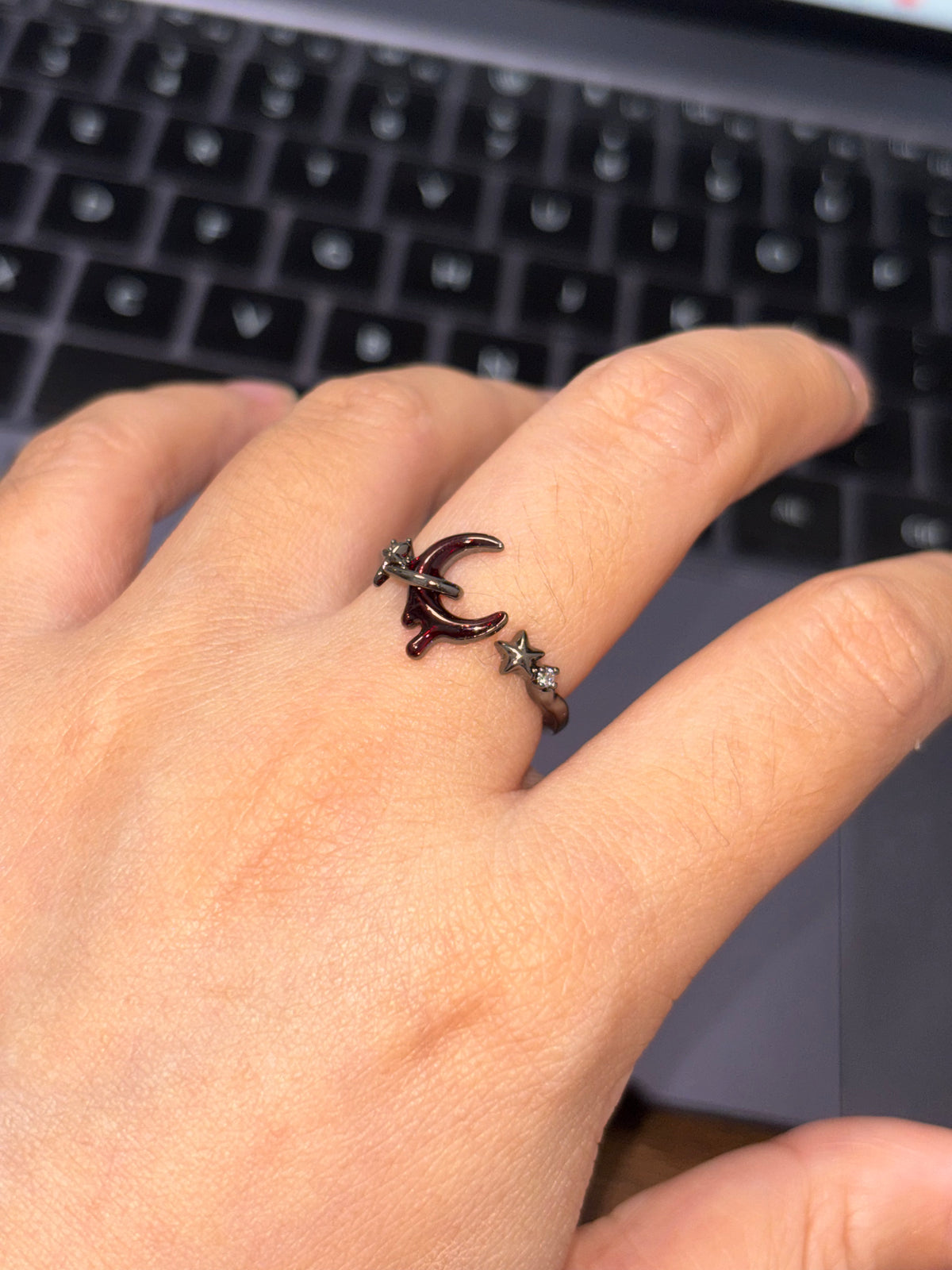 Goth Bloody Star Red Moon Open Ring For Arlecchino