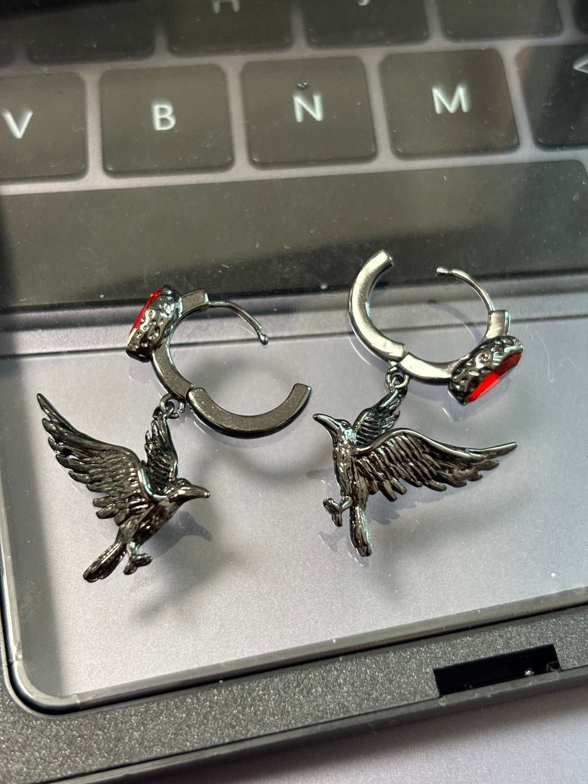 Goth Black Raven Hoop Earrings