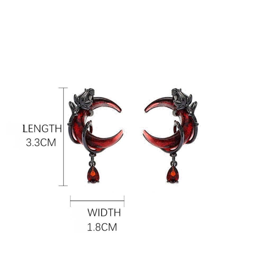 Dark Red Half Moon & Black Rose Stud Earring for Arlecchino