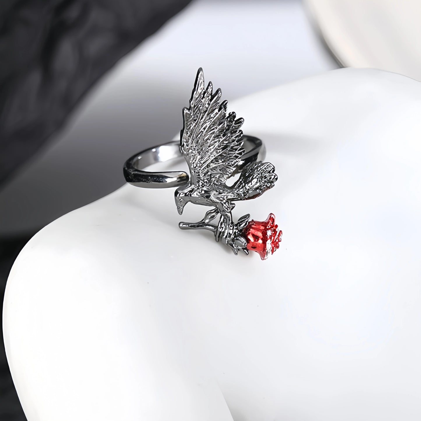 Gothic Raven Rose Adjustable Ring