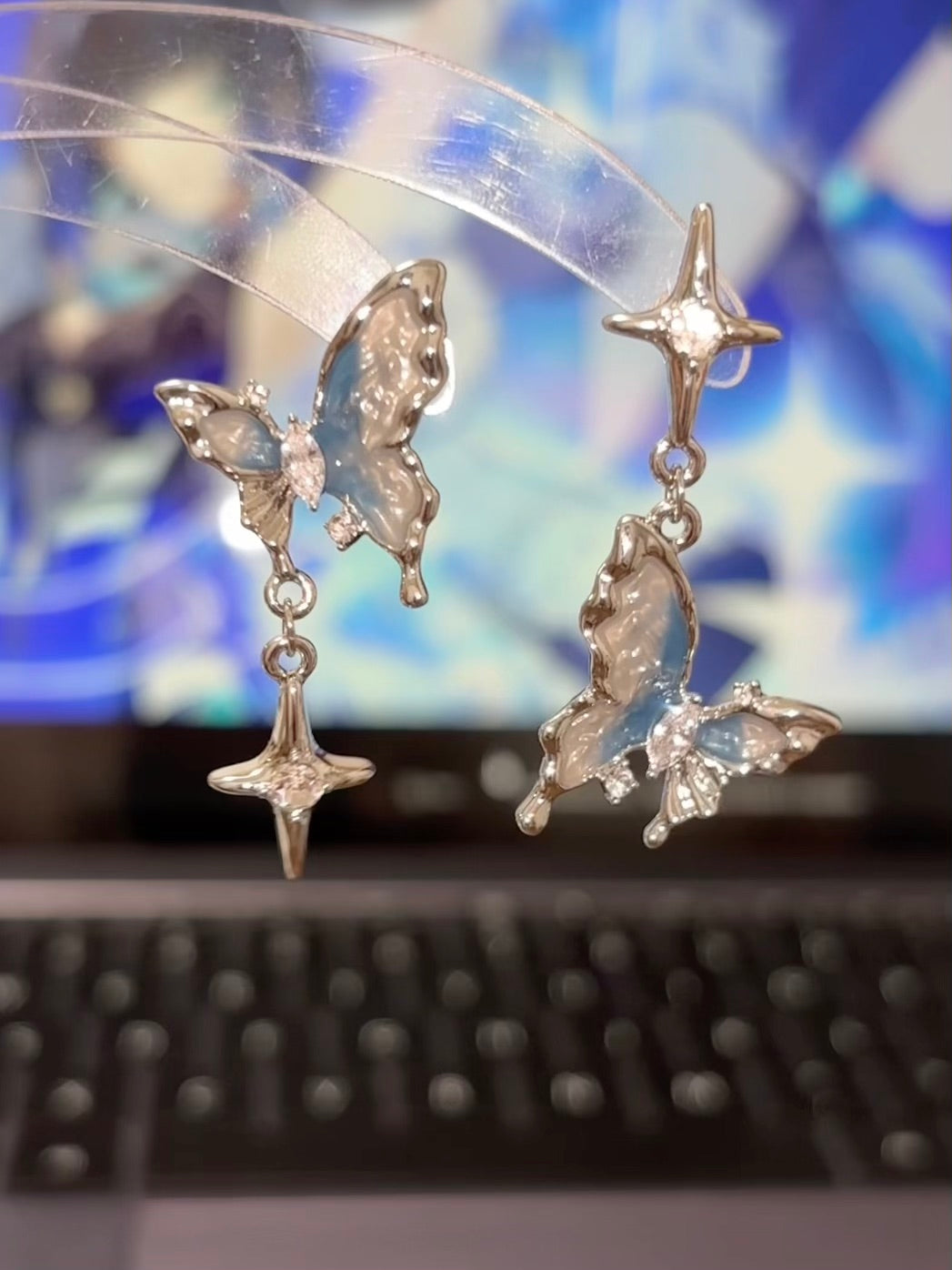 Blue Butterfly Star Asymmetrical Stud Earrings for Yelan