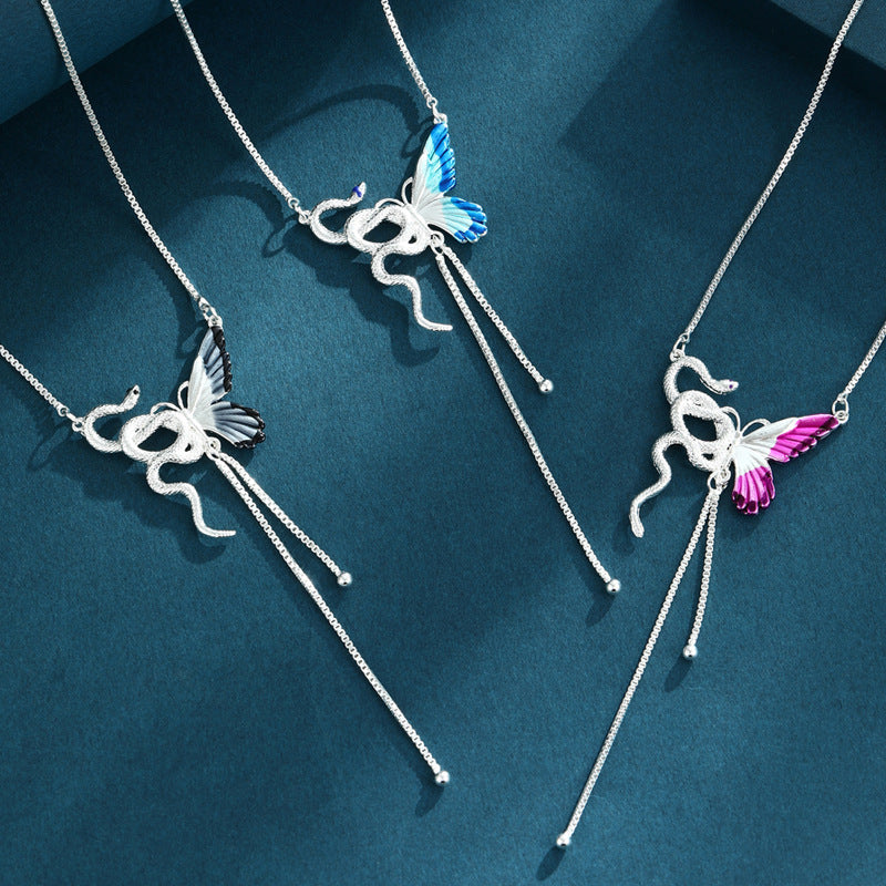 Unique Unisex Blue Butterfly & Snake Necklace