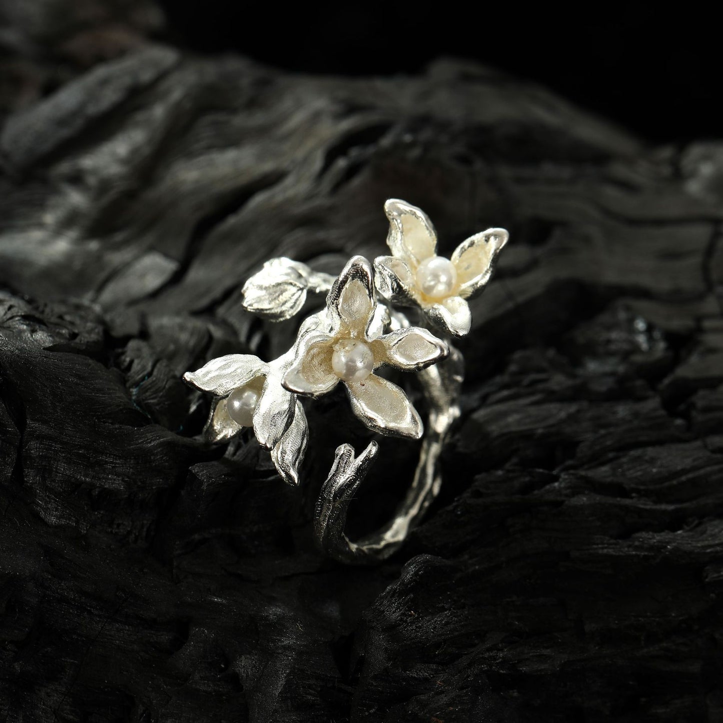 S925 Silber Damen Blumenperle Verstellbarer Ring