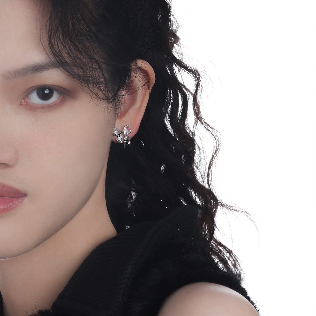 Süße Mädchen S925 Silber glänzende Zirkon Bogen Stud Ohrring