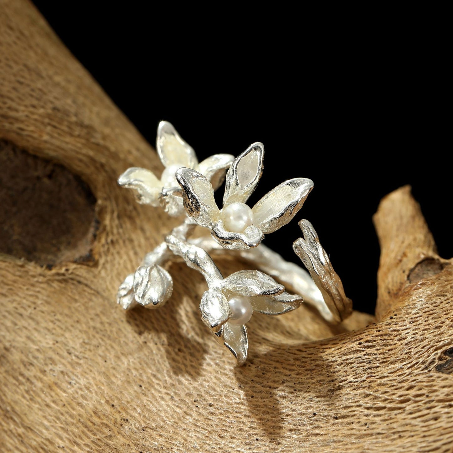 S925 Silber Damen Blumenperle Verstellbarer Ring