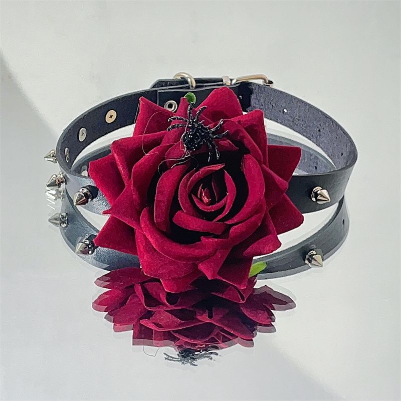 Gothic Style Mädchen Rote Rose Leder Halsband Halskette