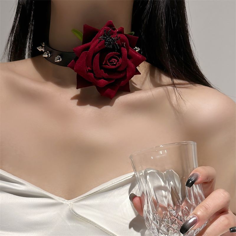 Gothic Style Mädchen Rote Rose Leder Halsband Halskette