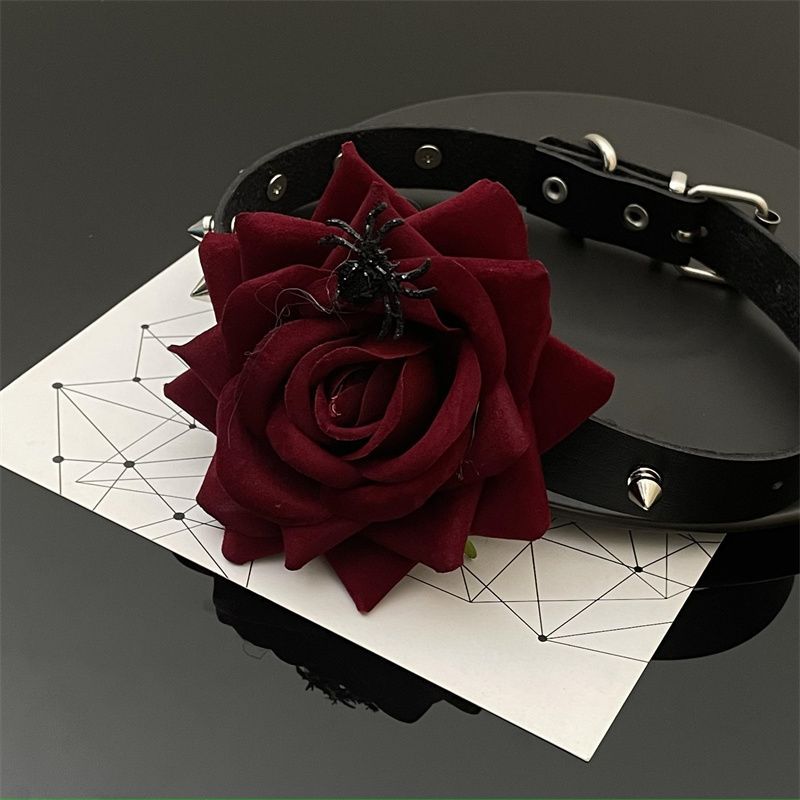 Gothic Style Mädchen Rote Rose Leder Halsband Halskette