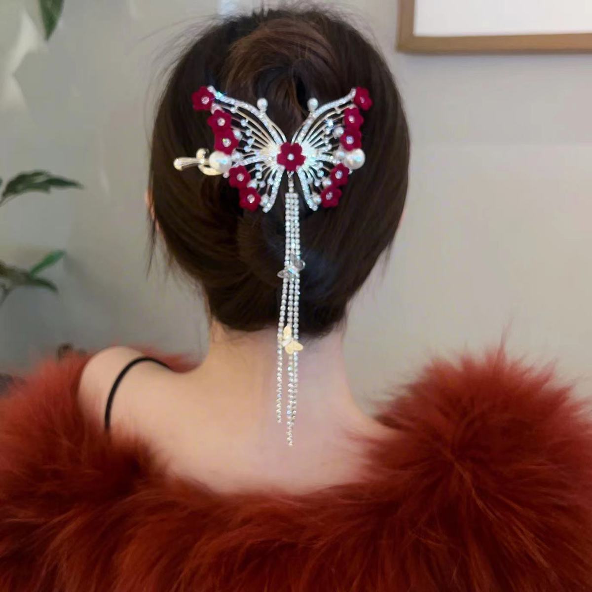 PRE SALE- Shipped in 15 days  Women Pretty Red Flower Rhinestone Butterfly Tassel Hairpin