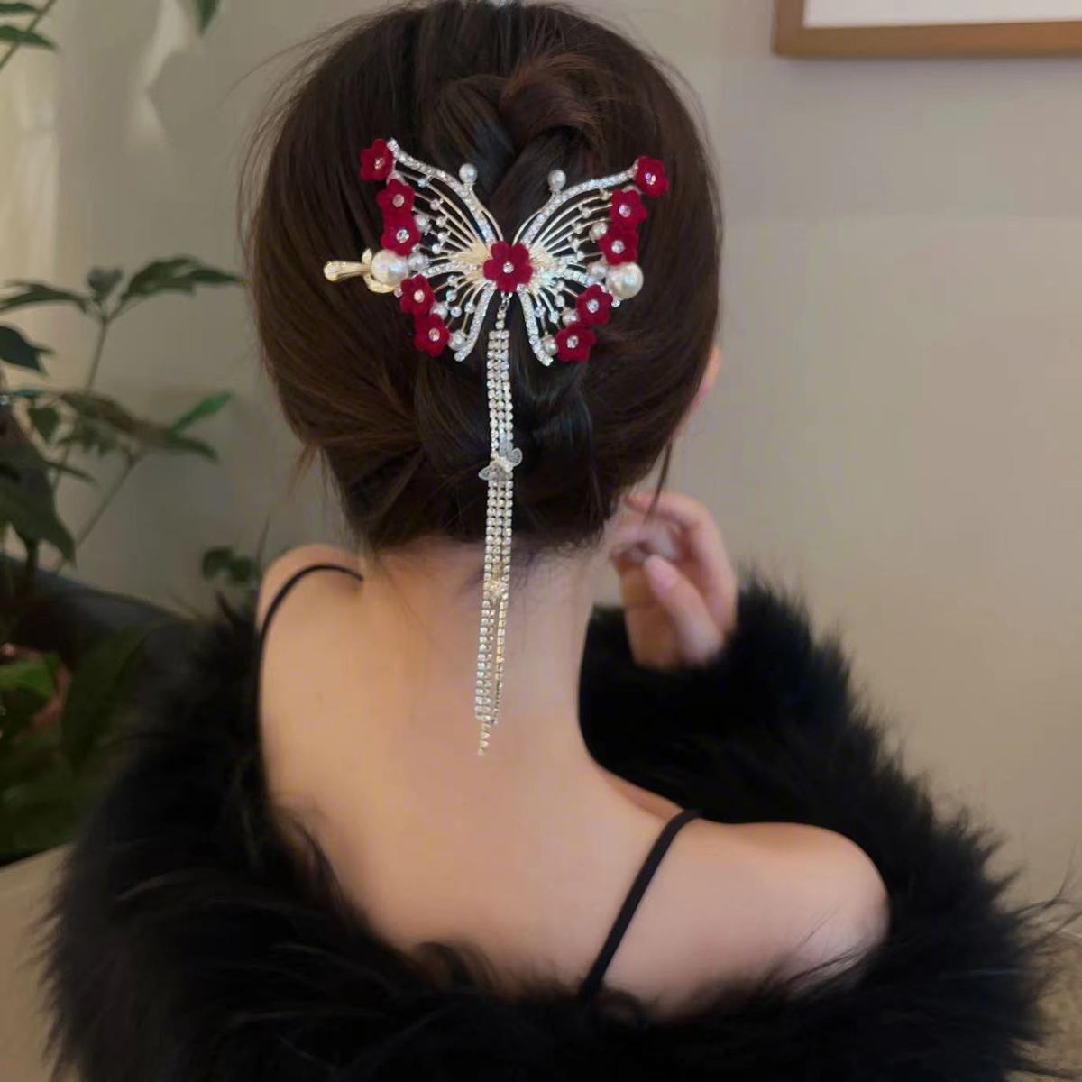 PRE SALE- Shipped in 15 days  Women Pretty Red Flower Rhinestone Butterfly Tassel Hairpin