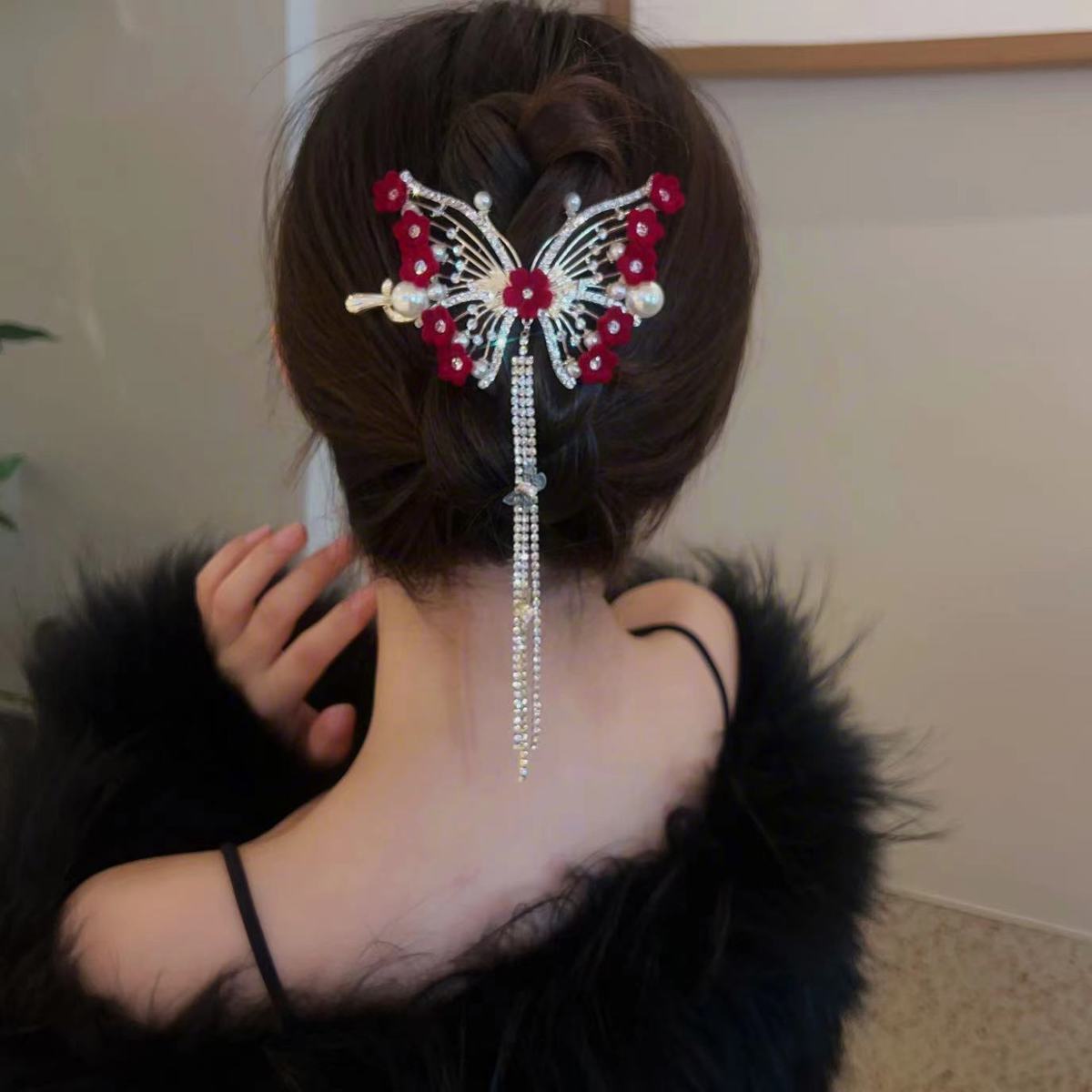 PRE SALE- Shipped in 15 days  Women Pretty Red Flower Rhinestone Butterfly Tassel Hairpin